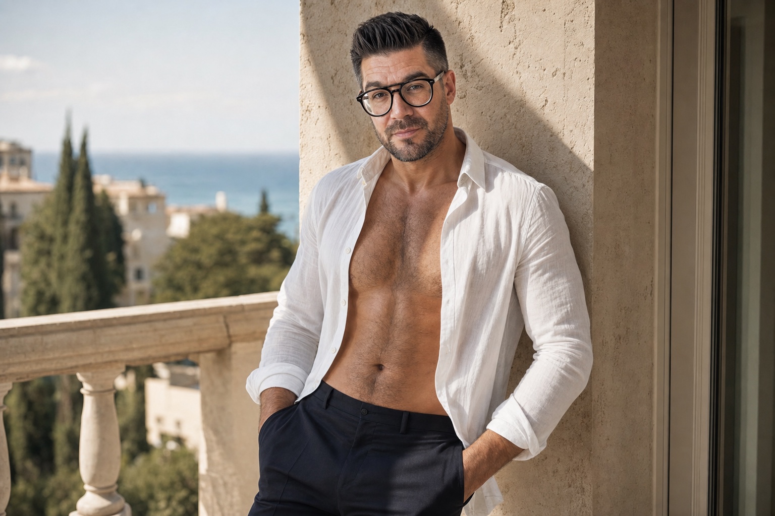 Sébastien Toumi in an open white shirt on a refined Mediterranean balcony